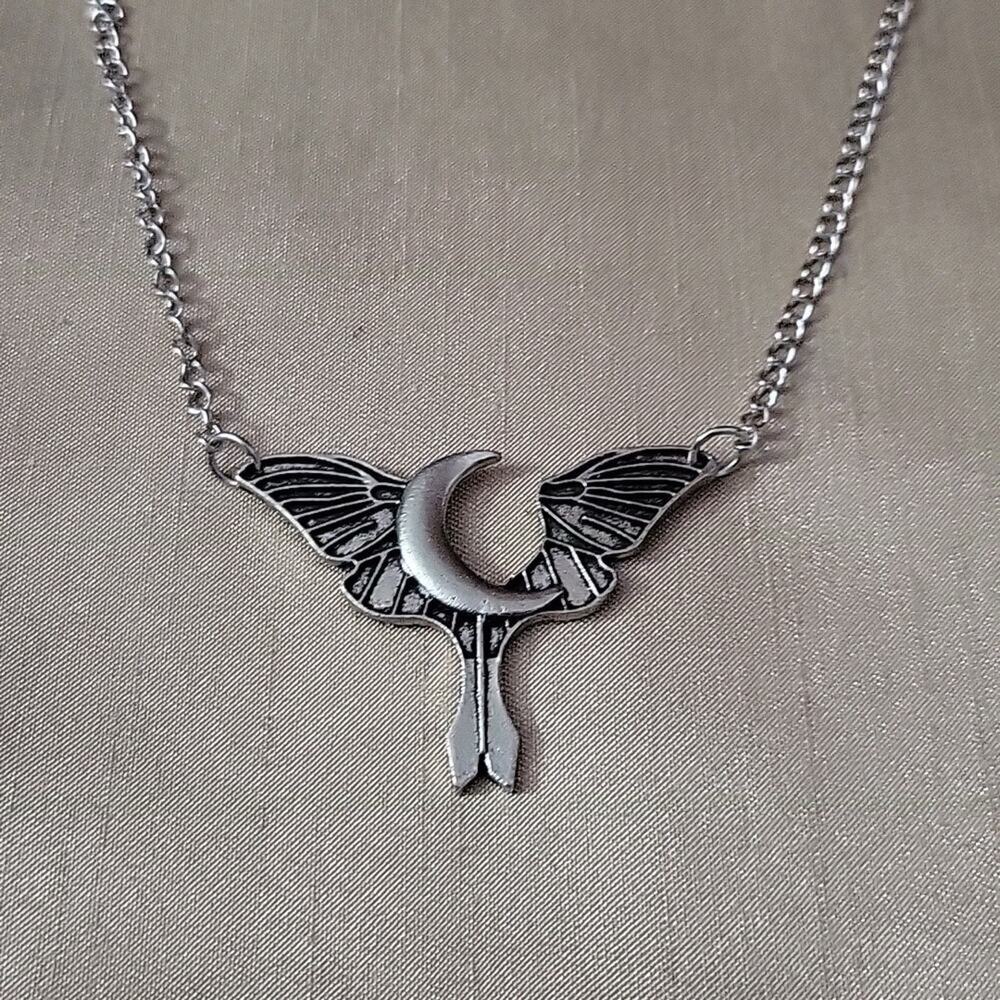 witchy lunar moth necklace, stainless steel chain - Picture 3 of 4